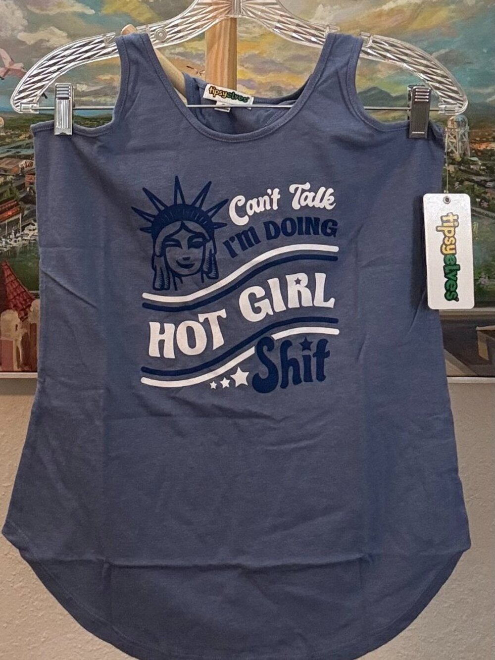 NWT Tipsy Elves Statue of Liberty Hot Girl Summer Graphic Tank Top Blue Medium